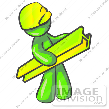 #36607 Clip Art Graphic of a Lime Green Guy Character Carrying a Beam by Jester Arts
