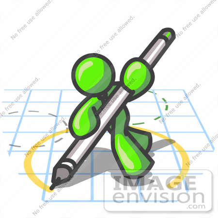 #36616 Clip Art Graphic of a Lime Green Guy Character Drawing a Circle on Graph Paper by Jester Arts