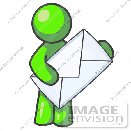 #36617 Clip Art Graphic of a Lime Green Guy Character Holding an Envelope by Jester Arts