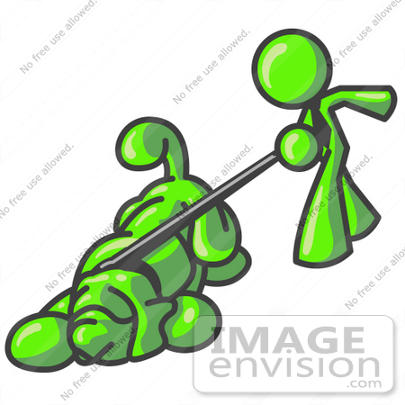 #36620 Clip Art Graphic of a Lime Green Guy Character Walking a Dog on a Leash by Jester Arts