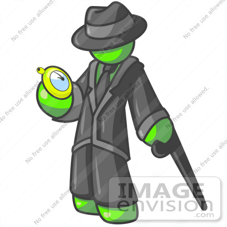 #36621 Clip Art Graphic of a Lime Green Guy Character With a Cane, Checking a Pocket Watch by Jester Arts