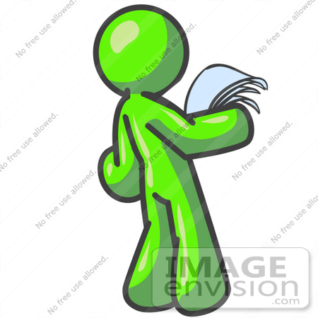 #36638 Clip Art Graphic of a Lime Green Guy Character Reading a Letter by Jester Arts