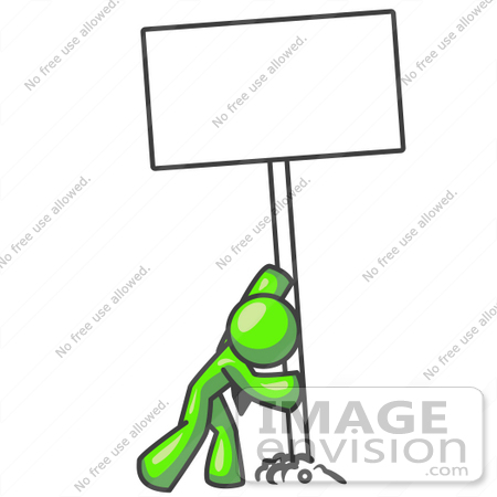#36643 Clip Art Graphic of a Lime Green Guy Character Inserting a Blank Sign in the Ground by Jester Arts