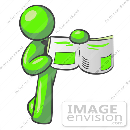 #36644 Clip Art Graphic of a Lime Green Guy Character Holding and Showing a Story by Jester Arts