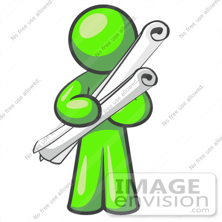 #36645 Clip Art Graphic of a Lime Green Guy Character Holding Scrolls by Jester Arts