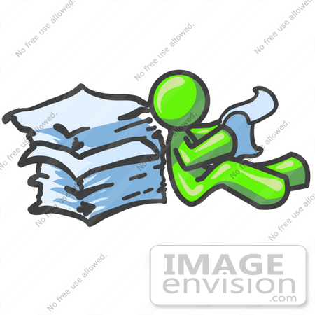 #36655 Clip Art Graphic of a Lime Green Guy Character Reading Paperwork by Jester Arts