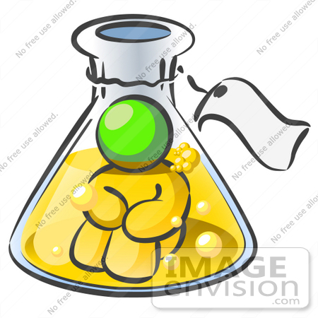 #36657 Clip Art Graphic of a Lime Green Guy Character Inside a Laboratory Flask by Jester Arts