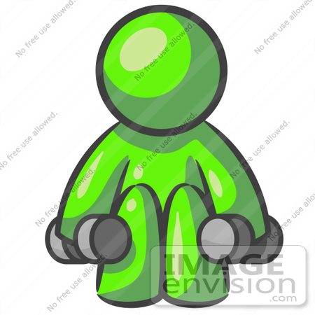 #36658 Clip Art Graphic of a Lime Green Guy Character Working Out With Dumbbells by Jester Arts
