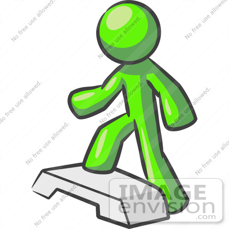 #36664 Clip Art Graphic of a Lime Green Guy Character Doing Steps at the Gym by Jester Arts