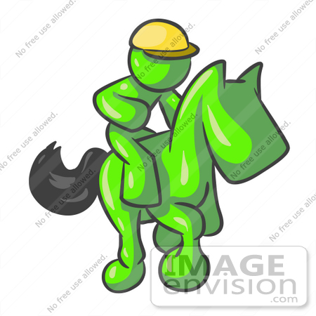 #36669 Clip Art Graphic of a Lime Green Guy Character Jockey on a Horse by Jester Arts