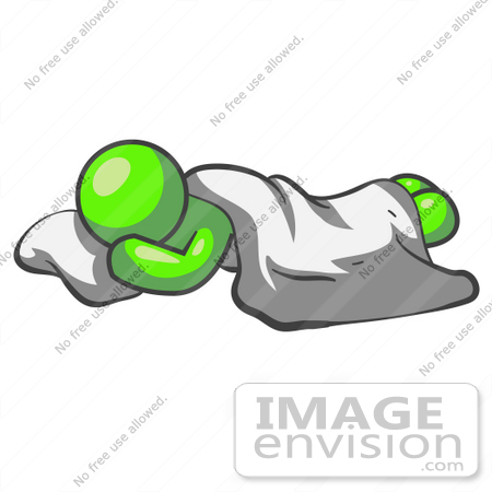 #36670 Clip Art Graphic of a Lime Green Guy Character Sleeping With a Pillow and Sheet by Jester Arts