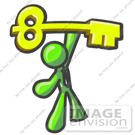 #36677 Clip Art Graphic of a Lime Green Guy Character Holding up a Skeleton Key by Jester Arts