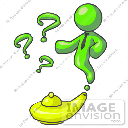 #36680 Clip Art Graphic of a Lime Green Guy Character Emerging From a Genie Lamp by Jester Arts
