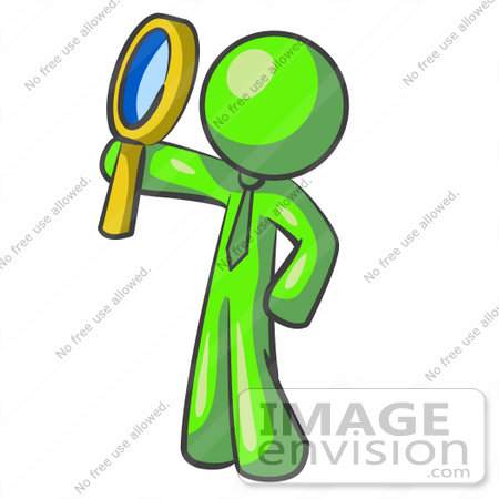 #36683 Clip Art Graphic of a Lime Green Guy Character Looking Up Through a Magnifying Glass by Jester Arts
