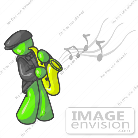 #36684 Clip Art Graphic of a Lime Green Guy Character Playing Jazz Music With a Sax by Jester Arts