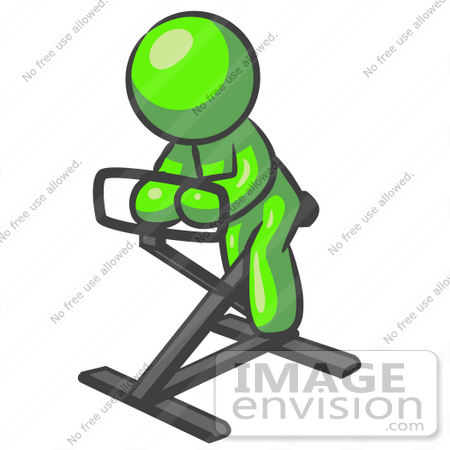 #36685 Clip Art Graphic of a Lime Green Guy Character Exercising on a Stationary Bicycle by Jester Arts