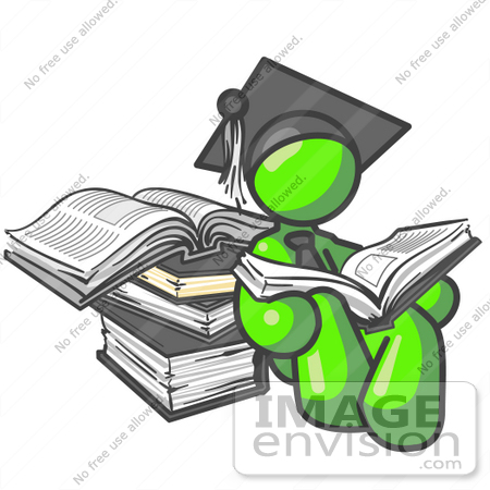 #36686 Clip Art Graphic of a Lime Green Guy Character Graduate Reading Books by Jester Arts
