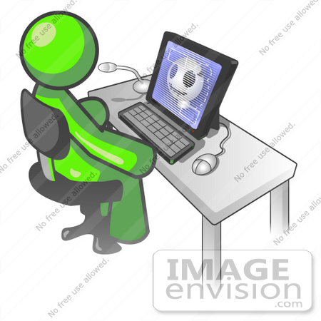 #36687 Clip Art Graphic of a Lime Green Guy Character Using a Computer by Jester Arts