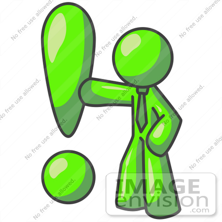 #36697 Clip Art Graphic of a Lime Green Guy Character With an Exclamation Point by Jester Arts