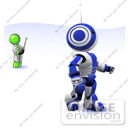 #36698 Clip Art Graphic of a Lime Green Guy Character Controlling a Robot by Jester Arts