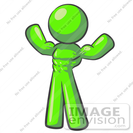 #36700 Clip Art Graphic of a Lime Green Guy Character Flexing His Muscles by Jester Arts