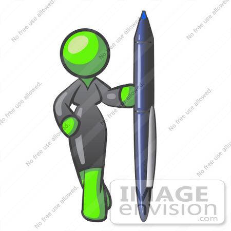 #36714 Clip Art Graphic of a Lime Green Lady Character Standing With a Pen by Jester Arts
