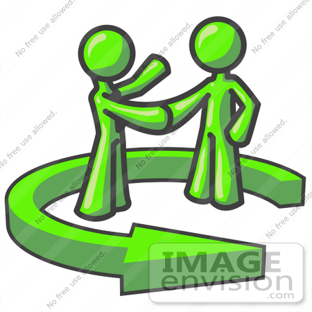 #36717 Clip Art Graphic of Lime Green Guy Characters Shaking Hands in an Arrow Circle by Jester Arts