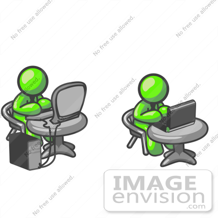 #36718 Clip Art Graphic of Lime Green Guy Characters Using Computers by Jester Arts