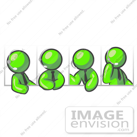 #36722 Clip Art Graphic of Lime Green Guy Characters Having a Phone Conference on Headsets by Jester Arts