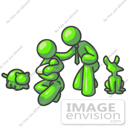 #36723 Clip Art Graphic of a Lime Green Guy Character Family With a Baby and Pets by Jester Arts