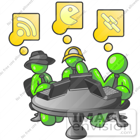 #36724 Clip Art Graphic of Lime Green Guy Characters Using Computers in an Internet Cafe by Jester Arts