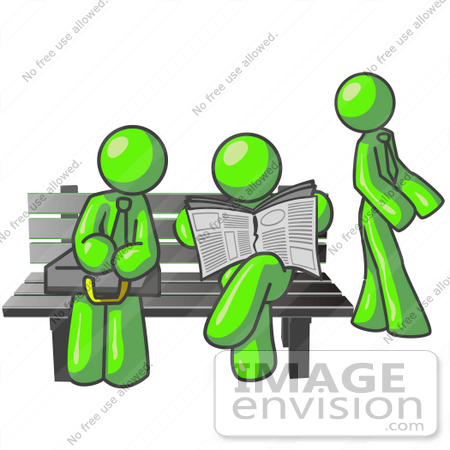 #36728 Clip Art Graphic of Lime Green Guy Characters Waiting at a Bus Stop by Jester Arts