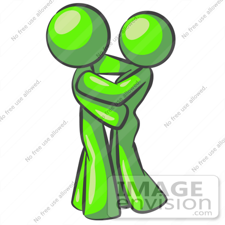 #36731 Clip Art Graphic of Lime Green Guy Characters Embracing by Jester Arts