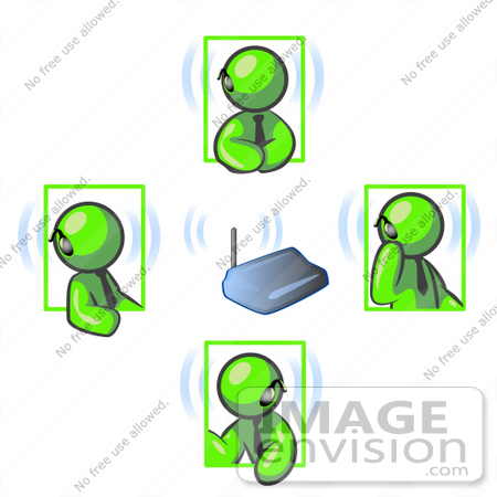 #36733 Clip Art Graphic of Lime Green Guy Characters Having a Meeting With Bluetooth Headsets by Jester Arts