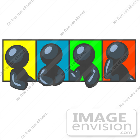 #36748 Clip Art Graphic of Dark Blue Guy Characters With Colorful Backgrounds, in Different Poses by Jester Arts