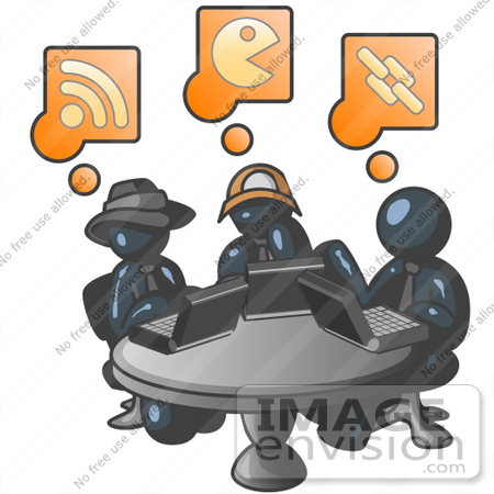 #36749 Clip Art Graphic of Dark Blue Guy Characters Working on Laptops in a Cafe by Jester Arts