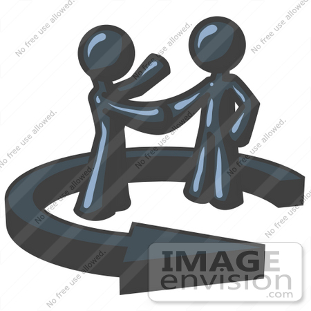#36751 Clip Art Graphic of Dark Blue Guy Characters Shaking Hands in an Arrow Circle by Jester Arts