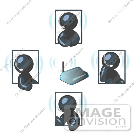 #36752 Clip Art Graphic of Dark Blue Guy Characters Holding a Phone Conference With Headsets by Jester Arts