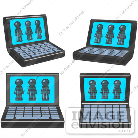 #36754 Clip Art Graphic of Dark Blue Guy Characters on Laptop Computer Screens by Jester Arts