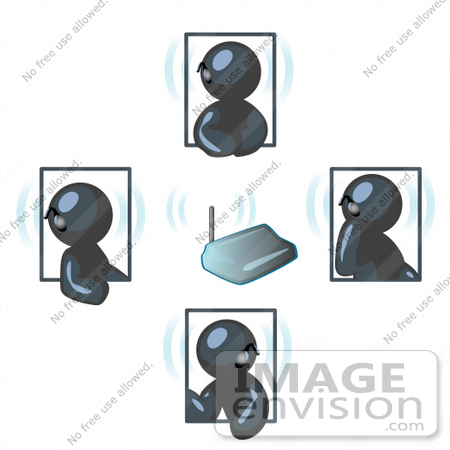 #36755 Clip Art Graphic of Dark Blue Guy Characters Discussing on Bluetooth Headsets by Jester Arts