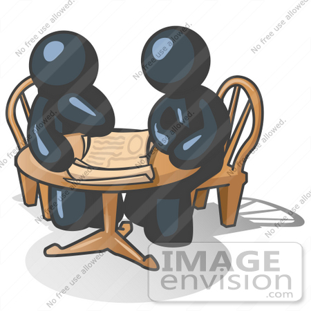 #36757 Clip Art Graphic of Dark Blue Guy Characters Reviewing Plans at a Table by Jester Arts