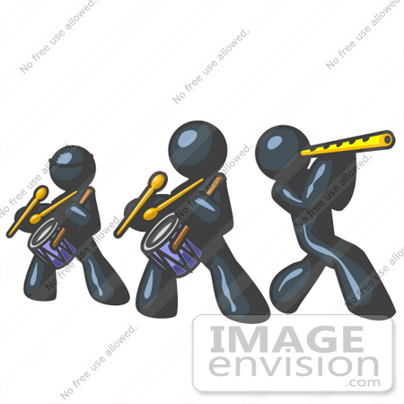 #36759 Clip Art Graphic of Dark Blue Guy Characters Playing Drums and a Flute in a Band by Jester Arts