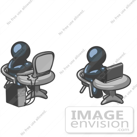 #36760 Clip Art Graphic of Dark Blue Guy Characters Working on Laptop and Desktop Computers by Jester Arts