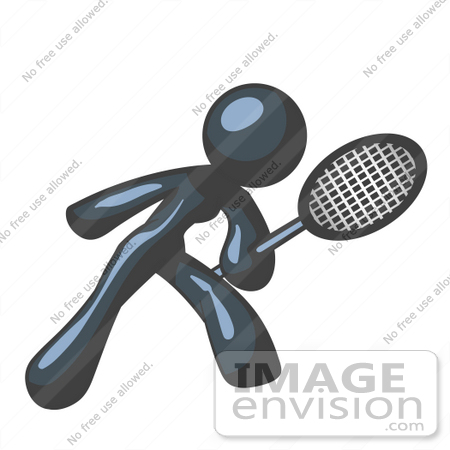 #36766 Clip Art Graphic of a Dark Blue Lady Character Playing Tennis by Jester Arts