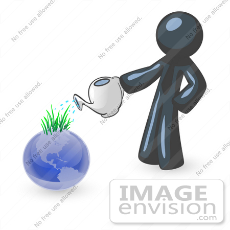 #36773 Clip Art Graphic of a Dark Blue Guy Character Watering the Earth by Jester Arts