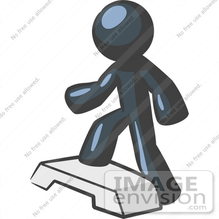 #36774 Clip Art Graphic of a Dark Blue Guy Character Doing Steps at the Gym by Jester Arts