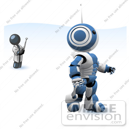 #36776 Clip Art Graphic of a Dark Blue Guy Character Controlling a Robot by Jester Arts