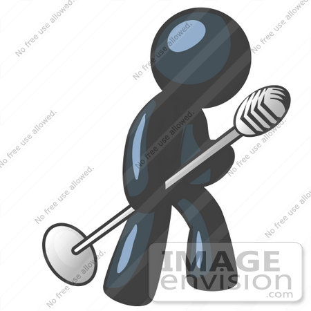 #36779 Clip Art Graphic of a Dark Blue Guy Character Tipping a Microphone by Jester Arts