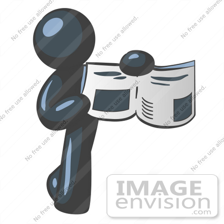 #36781 Clip Art Graphic of a Dark Blue Guy Character Holding an Open Book by Jester Arts