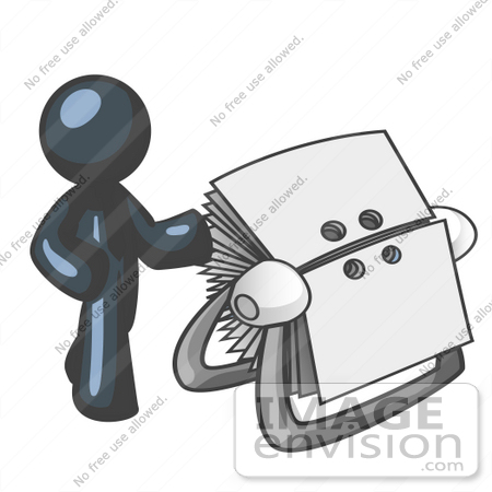 #36783 Clip Art Graphic of a Dark Blue Guy Character With a Rolodex by Jester Arts